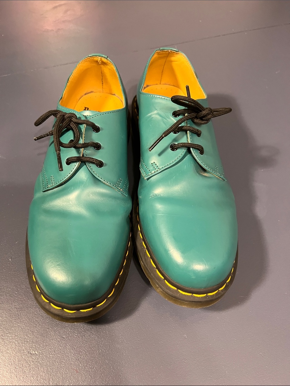 Dr. Martens Teal Leather Derby Shoes with Yellow Accents: